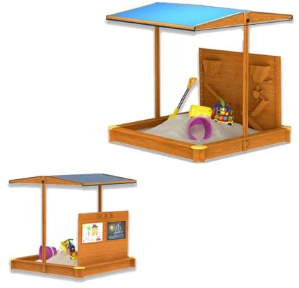 Large Wooden Sandbox with Adjustable Canopy Cover Funnel and Drawing Board Outdoor Sand Pit for Kids