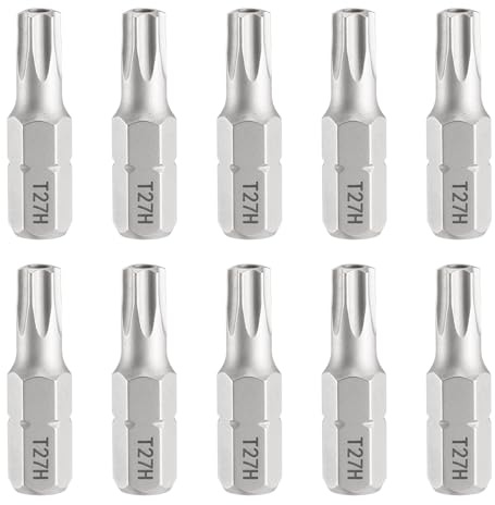 QUARKZMAN 10pcs T27H Embout de Tournevis Torx 1/4 Tige Hexagonale 25mm/1 Longueur Magnétique Tête Étoile à 6 Pans Acier S2 Embout de Tournevis avec Trou