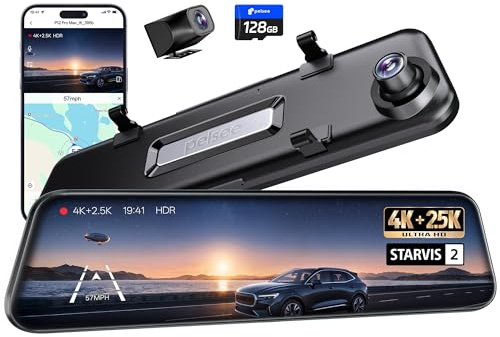 Pelsee 4K+2.5K Mirror Dash Cam with Front Starvis 2 IMX678 & Rear IMX335, 12 Rear View Mirror Camera, Color Night Vision, 5.8GHz WiFi, ADAS & BSD, Included OBD Hardwire Kit, 128GB Card, P12 Pro Max