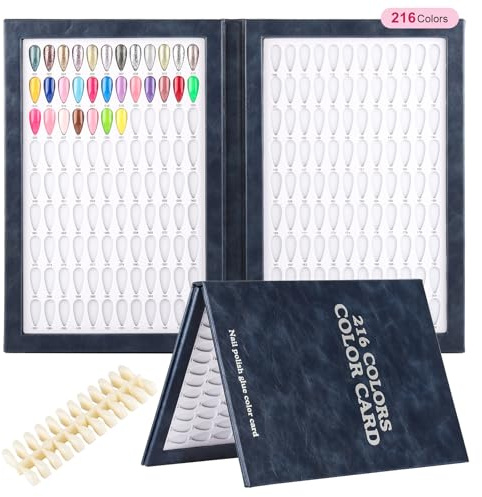 BNG Nail Colour Display Book 216 Colors Nails Art Card Chart with 240 Pcs Almonds False Nails Tips, Leather Stamped Silver Drops Color Book For Salon Gel Polish, Dark Blue