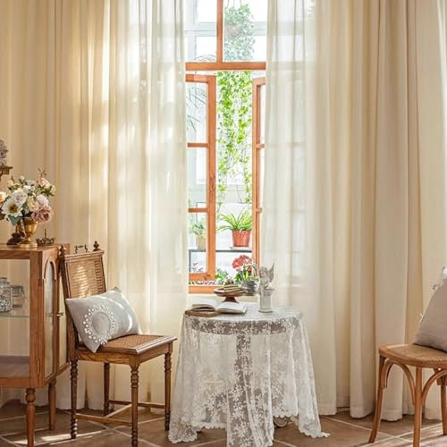 Homxi Halb Blickdichte Gardinen Set 2er Pack,2 x 107W x 244H cm,Vorhänge für Küchen Gelb Beige Einfarbig mit Jacquard Blatt Wohnzimmer Gardinen mit Ösen