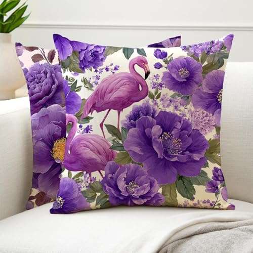 Kissenbezug 40x40cm Lila Outdoor Kissen Wetterfest Leinen Sofakissen Kran Kissenbezüge, Doppelseitig Druck Quadrat Dekokissen für Sofa Schlafzimmer Wohnzimmer Bett Outdoor Garten Balkon Deko G6-8