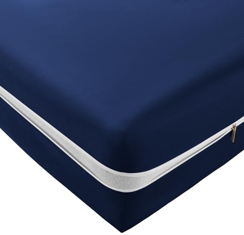 SiinvdaBZX Zipper Fitted Sheet Queen Only, Ultra-Soft Microfiber Zippered Mattress Cover Protector Bed Bottom Sheet Cover for 12-16 Inch Deep Mattress, Navy Blue
