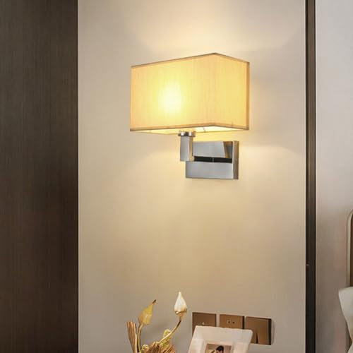 Modern Chrome Wall Sconce - 1-Light Bedroom Lamp with White Fabric Shade, E27 Bedside Wall Light for Reading, Ideal for Hotel & Hallway Wall Mounting
