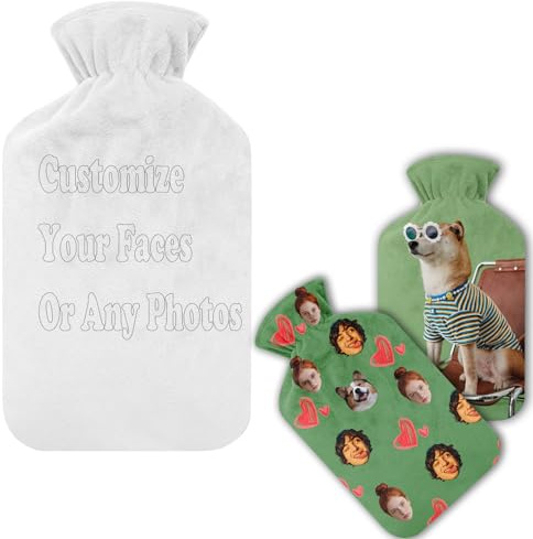 2 Liter Benutzerdefinierte Foto Heißwasserflasche, Personalisierte Foto Heißwasserflasche mit Weichem Plüschtuchdeckel, Schmerzlinderung für Rücken Hals und Schultern