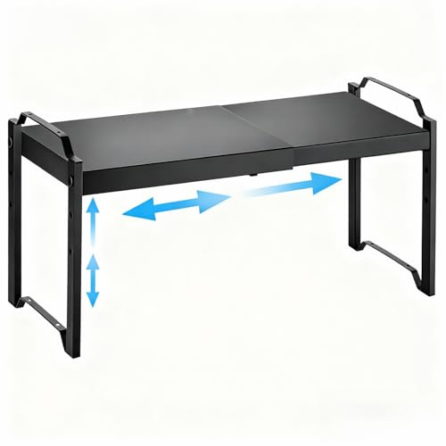 NATISSTEKE Erweiterbares Küchenschrank Organizer, Metall Küchenregal Arbeitsplatte, Vielfältiges Schrank-Organizer Küche, Gewürzregal, Verstellbarer Schrankregal für Küche Bad und Büro (Schwarz)