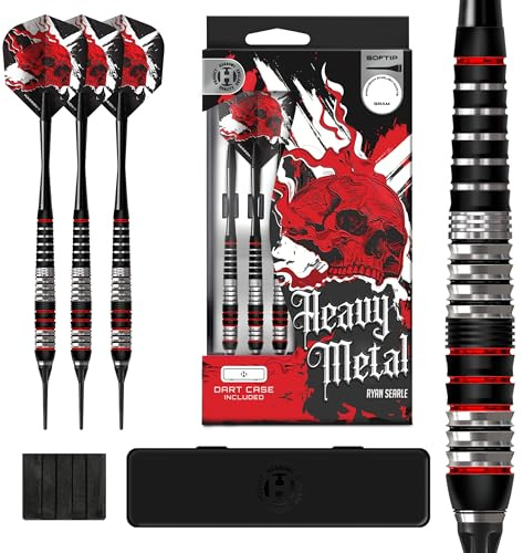Harrows Ryan Searle Heavy Metal Jeu de fléchettes à pointe souple en acier inoxydable 18 g ou 20 g – Avec tiges Speedline, ailettes 100 microns et étui de fléchettes – Fléchettes robustes à pointe