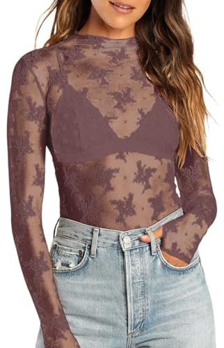 Top à manches longues en maille pour femme - Haut transparent en dentelle - Col roulé transparent - Broderie florale - Body transparent, marron, XL