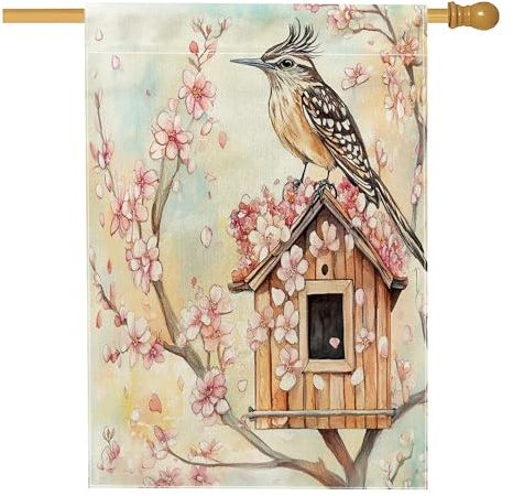 Spring Roadrunner Vogelhaus-Flaggen, 71,1 x 101,6 cm, doppelseitig, Blumenblumen, Vogelhaus, Standard-Sackleinen, Heimflaggen, Tier-Hinterhof-Flaggen, Outdoor-Dekoration