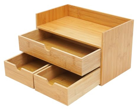 PBTERDTF Schreibtisch Organizer Bambus schubladenbox 3 Schubladen Briefablage, Büro Organizer Schubladens Mini Kommode für Büroutensilien Kosmetiksammlungen (3 Schubladen Typ-2)