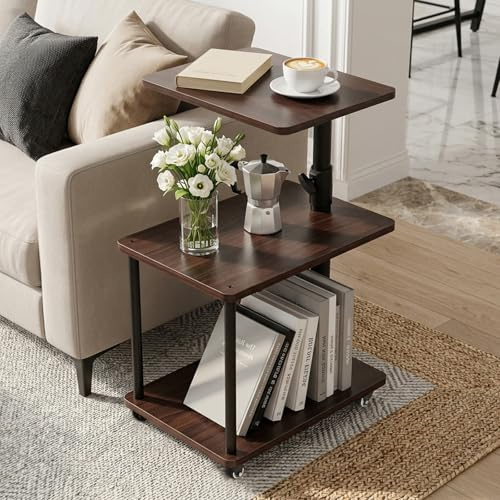 Bingyouth Table d’Appoint Bout de Canapé à roulettes avec Plateau Pivotant 360° Hauteur Réglable 47 71 cm Grand Rangement pour Salon Chambre Bureau Noir Noyer