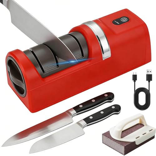 Automatic Kitchen Knife Sharpener, Professional Electric Knife Sharpener with 100-Percent Diamond Abrasives and Precision Angle Guides for Straight Edge, 2-Stage (Red)