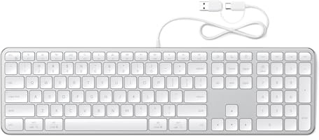 SATECHI Teclado con Cable Slim LX3 con Keypad, QWERTY US, Plata | Distribución Americana, tamaño completo, tecla para cambio de SO, para Mac, PC Windows y Android