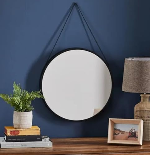 New Indoor/Outdoor Garden Black Frame Mirror With Chain Hanging for Easy Hanging Wall Mirror, Reflect your Garden, Makes A Great Accent Piece On Any Wall - 45cm