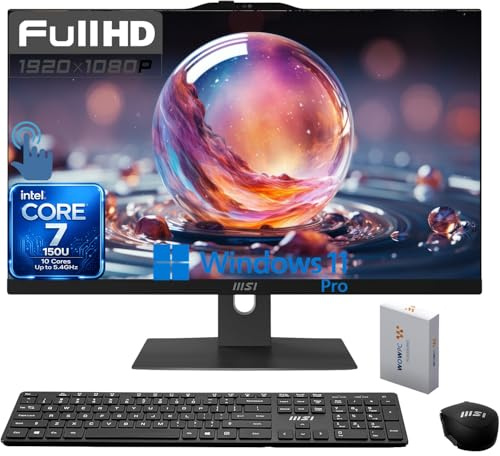msi Modern 23.8 Touchscreen Business All-in-One AI Desktop, Intel Core 7-150U, 16GB DDR5, 512GB SSD+1TB HDD, FHD Camera, Wi-Fi 6E, HDMI, USB-C, Wireless Keyboard & Mouse, Windows 11 Pro