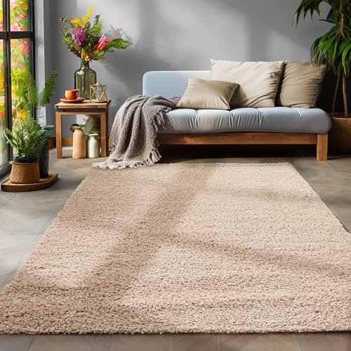 SIMPEX Flauschiger Teppich Wohnzimmer Schlafzimmer Läufer Flur Esszimmer Küchenteppich Hochflor Einfarbig Modernes Design 30 mm Florhöhe Kuschelweich, Beige, 300 x 400 cm