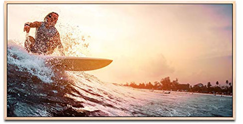 Surfer im Wasser ca. 130x70cm Wandbild inklusive Schattenfugenrahmen naturfarbend - Panorama Leinwand Bild XXL Format Wandbilder Wohnzimmer Wohnung Deko Kunstdrucke