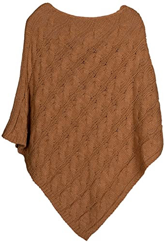 styleBREAKER Strick Poncho mit Zopfmuster, Rundhals Strickponcho, Grobstrick, Damen 08010040, Farbe:Camel