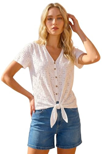 Roman Women Broderie Anglaise Tie Front Top Ladies Floral Crochet Embroidered Blouse Smart Casual Button Down Summer T-Shirt Tee Spring Cruise Beach Holiday Party