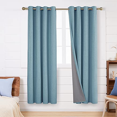 Deconovo Verdunkelungsvorhänge, 100% Blickdicht, Leinenimitat, Thermovorhang für Wohnzimmer, 229 x 117 cm, Grün, 2er Set