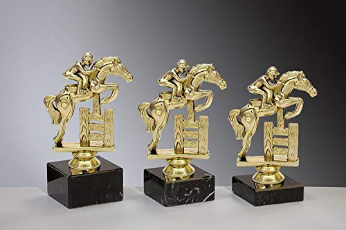 Henecka 🐴 Reitsport Pokal Springreiten Trophäe Schraubfigur Springreiter Gold, Marmorsockel schwarz, mit Wunschgravur, wählbar in 3 Größen oder als 3er-Serie (Sockel 70 x 40 mm)