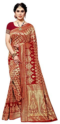 Sidhidata Sari de seda jacquard con blusa para mujer, A Rojo, Talla Unica