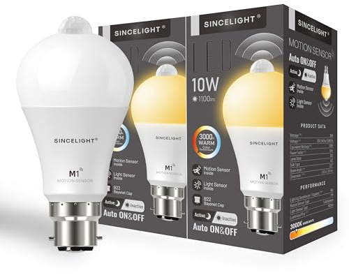 SINCELIGHT Ampoule LED PIR à capteur de mouvement avec base B22, marche/arrêt automatique par capteur PIR équipé et capteur crépuscule à l'aube, détecteur de mouvement, ampoule de sécurité, lot de 2