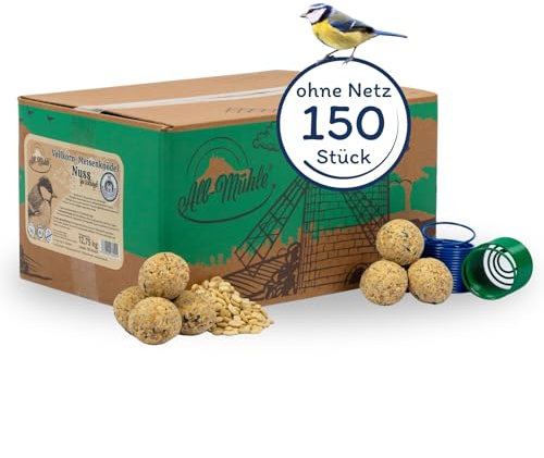 Lyra Pet® | 150 Meisenknödel aus der ALB-MÜHLE Nuss ohne Netz + 2 Spender | Wildvogelfutter für Sommer & Winter | Energiequelle für Gartenvögel | Proteinreiches Fettfutter mit Erdnusskernen