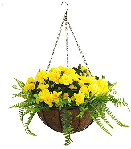 Haus und Außen Patio DIY Schöne Seide Gelb Künstliche Azaleen Und Kunststoff Farn Persisches Gras Dekoration Kette Hängekorb Blumentopf (Medium Basket)
