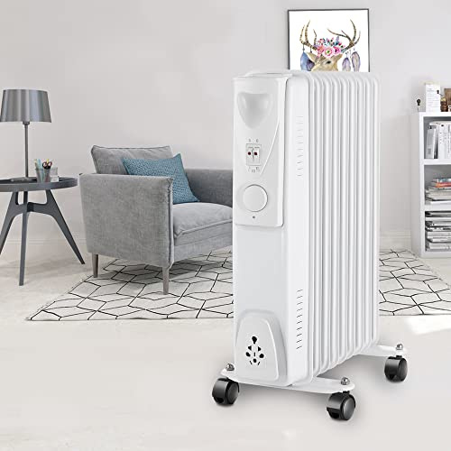 NRG 2KW Oil Filled Radiator 9 Fins Portable Electric Heater White | Adjustable Thermostat, with 3 Power Settings, Tip-Over Protection