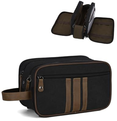 Trousse de Toilette Homme Voyage, Kasgo 6,4L Grande Trousse Toilette Femme en Toile Imperméable Rétro avec 3 Compartiments Trousse Maquillage Kit Rasage Dopp Noir