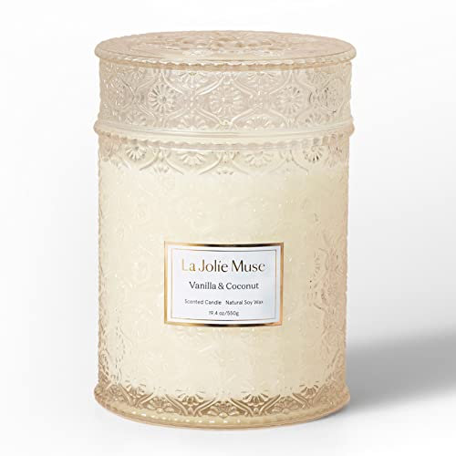 La Jolíe Muse Candele profumate, candele regalo alla vaniglia e cocco, candela con stoppino in legno, idea regalo per le donne, 550 g, candele grandi, barattolo di vetro naturale in cera di soia lunga