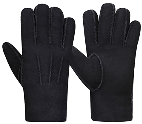 Harssidanzar Guanti in pelle da Uomo,Pelle di pecora Shearling Pelliccia Cuff Caldo Foderato Spessore Lana Caldo Per Inverno Freddi Guanti KM043,Nero,XL