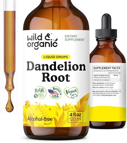 Wild & Organic Dandelion Root Extract Drops - Liver Cleanse Detox - Herbal Dandelion Tincture - Liver Support Supplement - Add to Tea - Vegan, Sugar & Alcohol-Free Liquid Drops - 4 fl oz