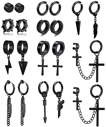 20 Piezas Pendientes Magnéticos de Acero Inoxidable Para Hombres y Mujeres - Clip Cruz Plumas Kpop Negro Falsos, Negro