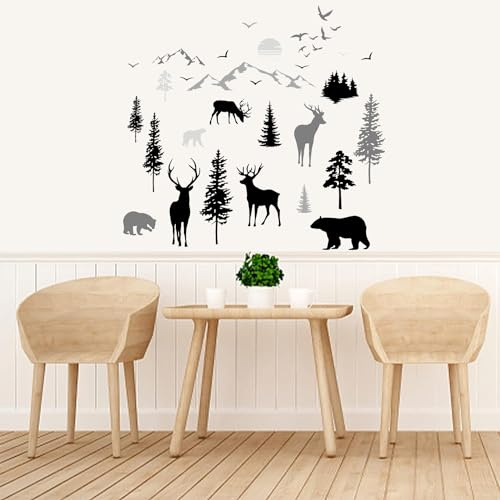 PLIGREAT 35 Stück Wald Tiere Wandtattoo Schwarz-Weiß Landschaft Malerei Wand Art Decor Abnehmbare Hirsch Bäume Berge Wandtattoos Für Wohnzimmer Schlafzimmer Fenster Dekoration