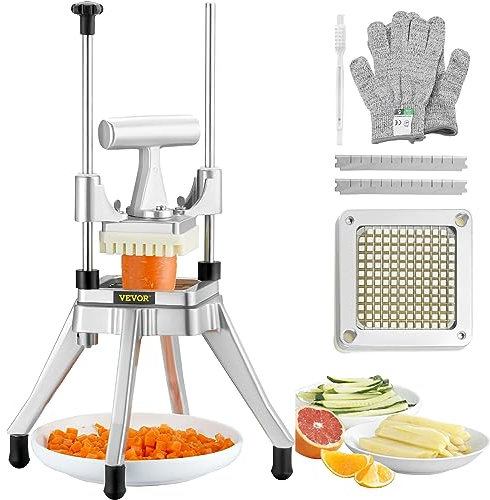 VEVOR Cortador Manual Profesional de Patatas Fritas Cortador Comercial de Verduras 0,64cm Cuchilla de Acero Inoxidable Cortador de Verduras Frutas 2 Cuchillas de Repuesto para Preparación de Ensaladas