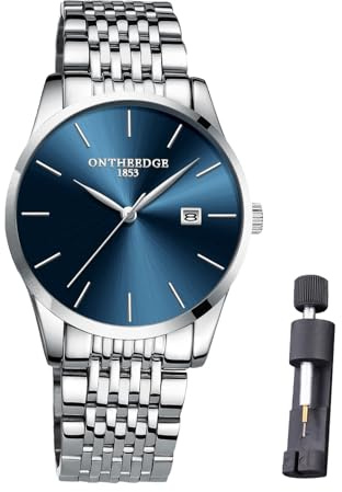 Raitown Herrenuhr aus Edelstahl, 40-mm-Zifferblatt, analoges Quarzwerk | 9-mm-extraflache Herren Armbanduhr mit Kalender, wasserdicht bis 3 ATM, eleganter Vintage-Stil in Blau, Silber und Schwarz