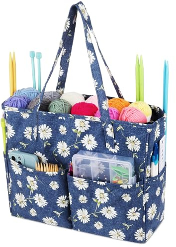 Aeelike Große Strick-Tragetasche, Häkeltaschen für Wolle und Haken, Bastelaufbewahrungstaschen mit Fächern, Strickgarn, Organizer-Tasche, Wolltasche, tragbare Strickprojekt-Reisetasche, Basteltasche