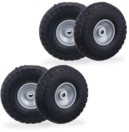 Relaxdays 4 Ruedas de Carro Antipinchazos, Macizas, 4.10/3.50-4, Llantas de Acero, 150 kg, 260x85mm, Negro y Gris, Caucho