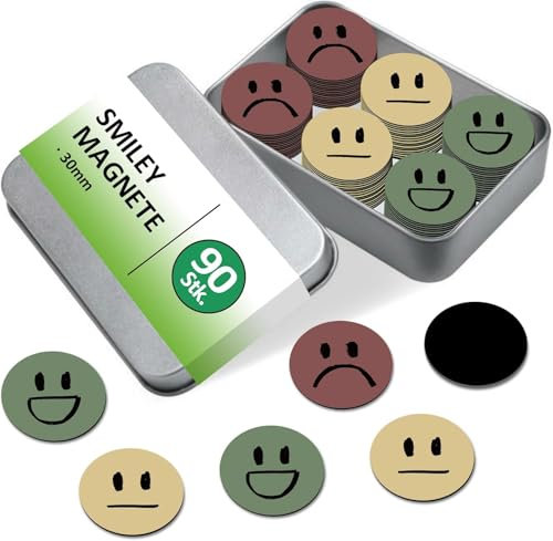 BIROYAL 90 STK. Smiley Magnete Belohnungstafel | Magnete Smiley ø30mm | Kühlschrank Magnet für Whiteboard, Belohnungs Kinder, Tafeln | Starke haftende Flach-Magnet | Lehrer Zubehör | 3 Emoticons