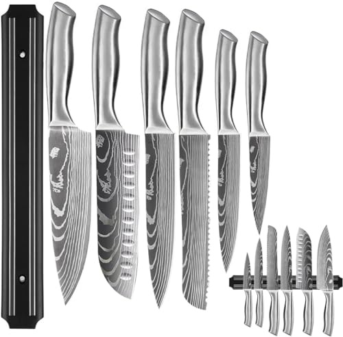 7 Teiliges Messer Set,Küchen Messerset,Kochmesser,Santoku Messer,Fleischmesser,Brotmesser,Gemüsemesser & Schälmesser,Scharfe Messer Edelstahl, Mit Magnetischem Messerhalter