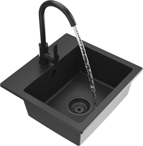 Granitan Spülbecken 44,5x41,5 cm mit Siphon, Granitspüle mit Zwei Löchern | Waschbecken für Küche mit Küchenarmatur, Einbauspüle Milos, Tiefschwarz (auch Schwarz Siphon)