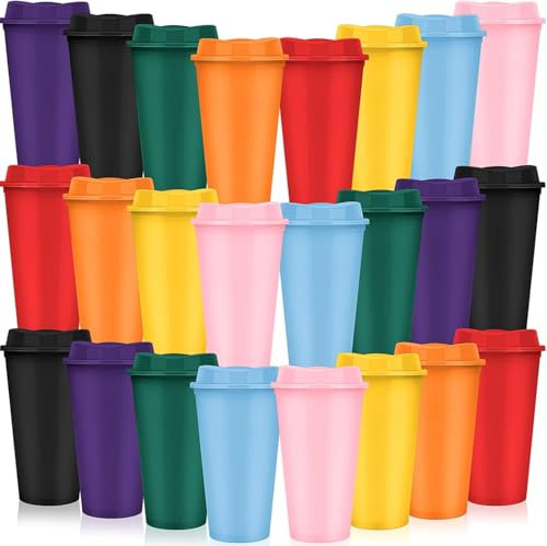LYCN 24 Pack Reusable Coffee Cups with Lids,16 oz/473ml Plastic Travel Mug Bulk, Colourful Cold Cups Party Tumbler for Iced Hot Coffee Smoothie Milkshake (8 Colors)