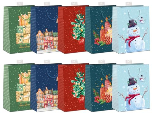 Geschenktüten Weihnachten Groß, 10 Stück | Verstärkter Rand, Stabiler Boden & Reißfest | Stabiles FSC®-zertifiziertes Papier (150 g/m²) | DIN A4 (26x32x12cm) | Hochwertige Optik
