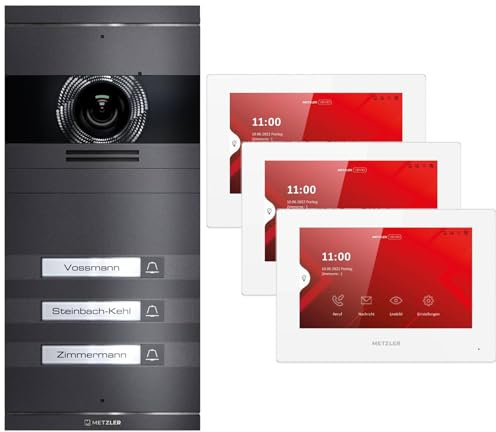 Metzler VDM10 2.0 Ensemble complet de système de communication vidéo avec plaque de nom remplaçable - Connexion 2 fils - Interphone avec caméra HD et écran pour maison de 3 familles, en mica de fer en