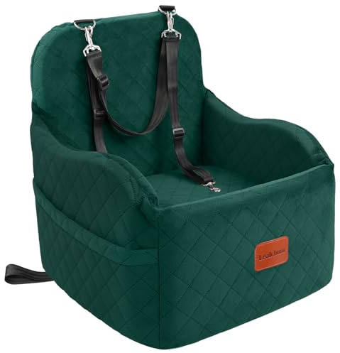 Lealchum Hunde-Autositz für kleine/mittelgroße Hunde, tragbarer Welpensitz mit erhöhtem Kissen, vollständig Abnehmbarer und waschbarer Haustier-Autositz mit Aufbewahrungstaschen (Green, Medium)