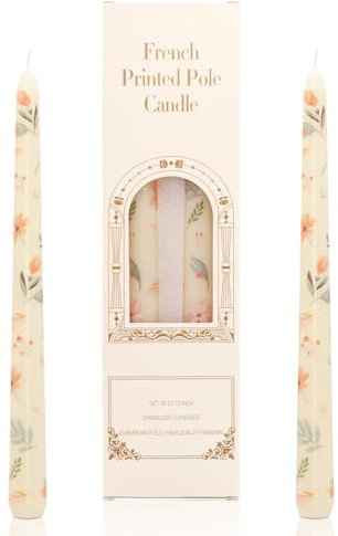 Dinner Candles, 10'' Prints Tapered Candles Party Decor, Non Drip Long Non Scented for Candlesticks Table Dinner Valentine's Day Home Afternoon Tea Decoration 2PCS (Beige Valley Iris)