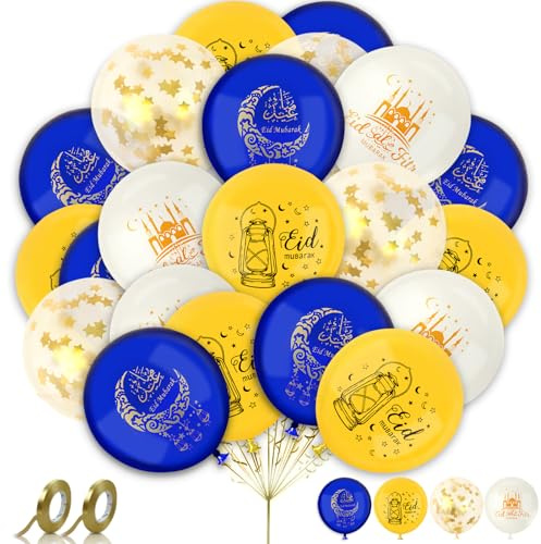 AhfuLife 32 Stuck Eid Mubarak Deko Luftballons, Stern Mond Blau Weiß & Gold Aid Luftballons Eid Mubarak Dekoration für Muslim Islamische Party Umrah Ramadan Mubarak Kareem Deko