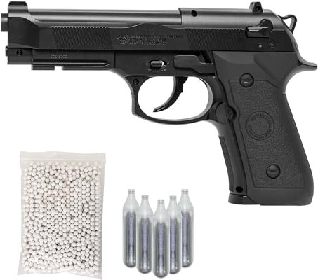 Pistola Softair 92 Co2, potenza 0,9 joule Bundle Completo: Pistola a Pallini, 5 bombolette Co2, 1000 Pallini 6mm - Airsoft, Pistole Softair, colore nero